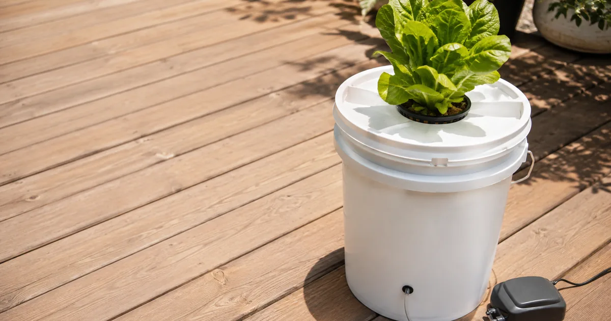 A white 5-gallon bucket hydroponic system with a lettuce plant growing through a net pot in the lid, connected to an air pump by clear tubing, sitting on a wooden deck