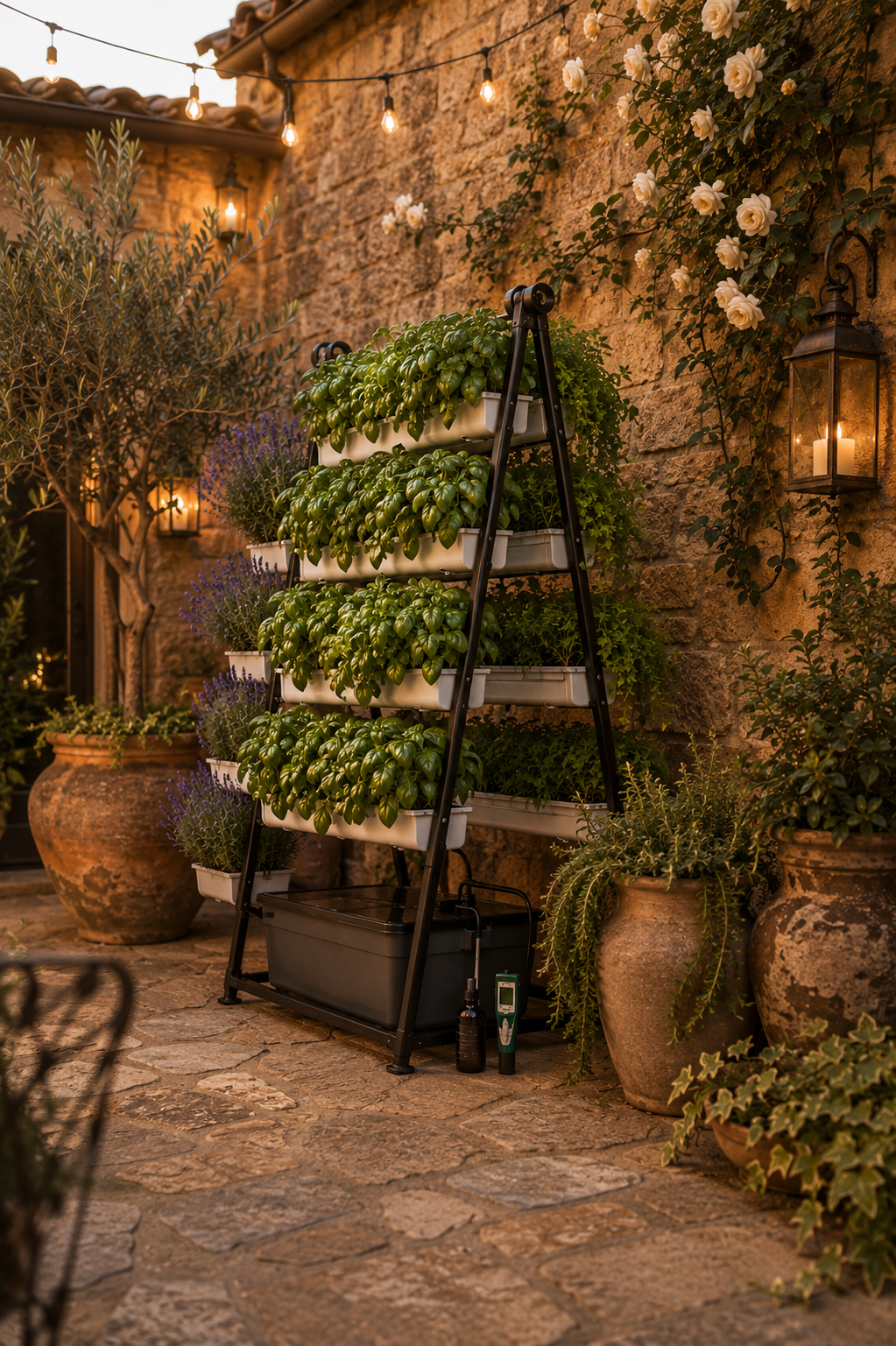A-Frame hydroponic system on a Tuscan-style outdoor patio with warm evening lighting, multiple rows of basil and herbs growing in white trays, reservoir visible at base