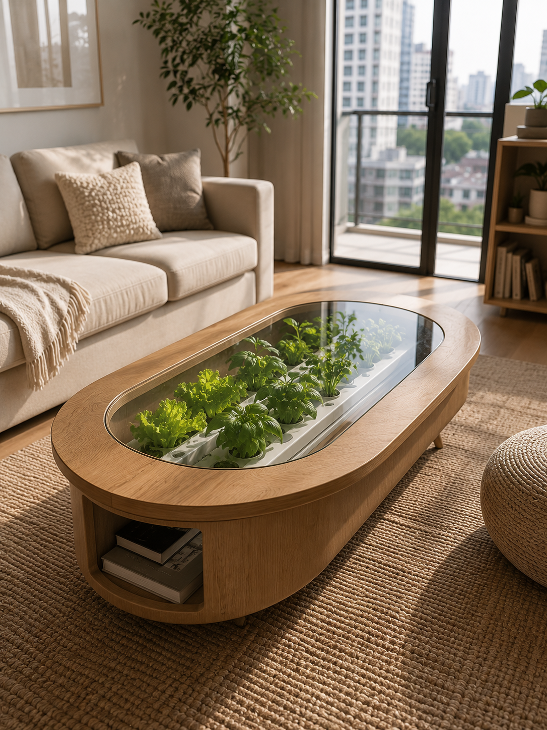 Oval oak wood coffee table in apartment living room with glass panel center revealing hydroponic NFT channel growing lettuce and basil, city view through floor-to-ceiling windows