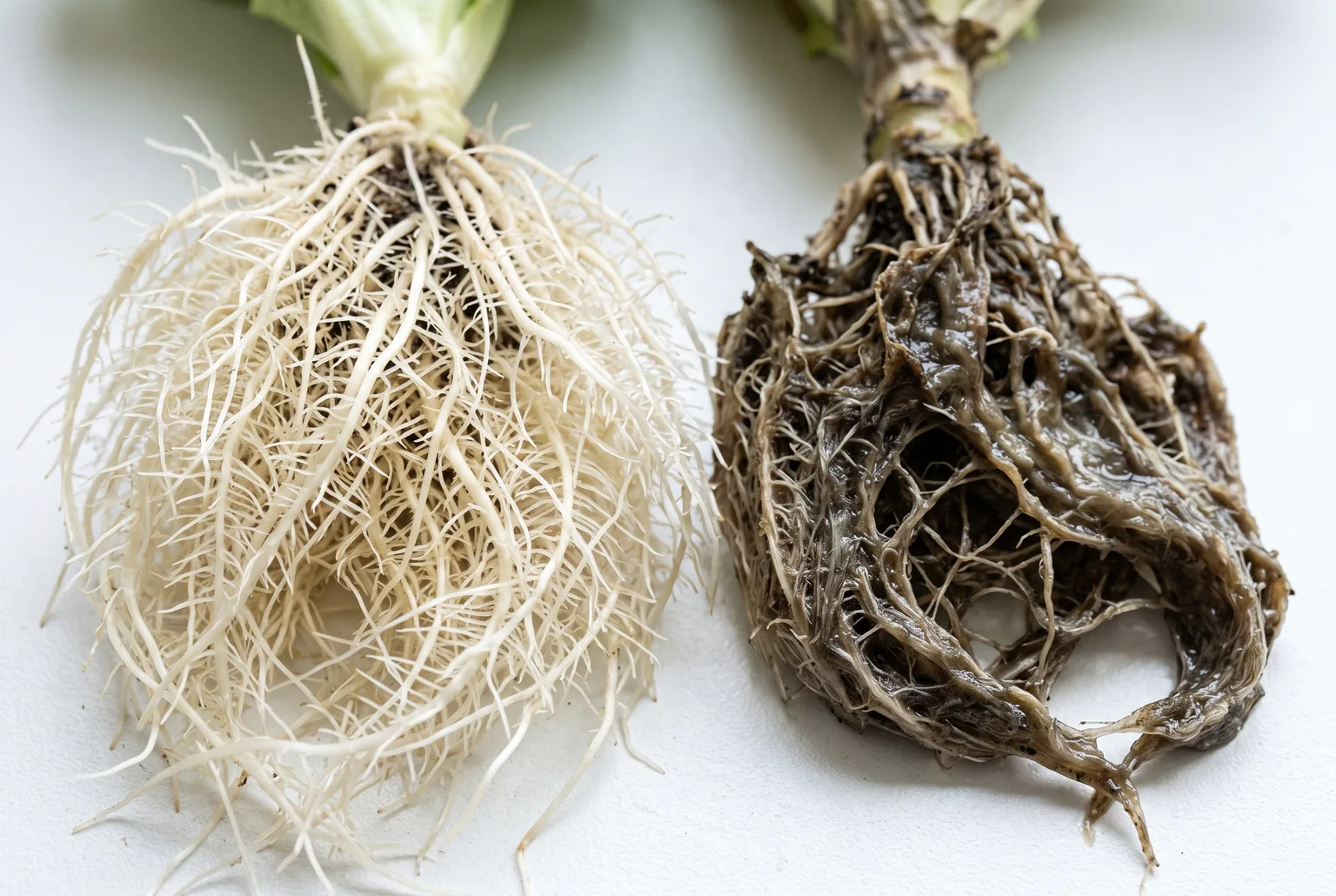 Healthy white feathery lettuce roots on the left beside a brown, slimy, collapsed rotted root mass on the right, on a white surface