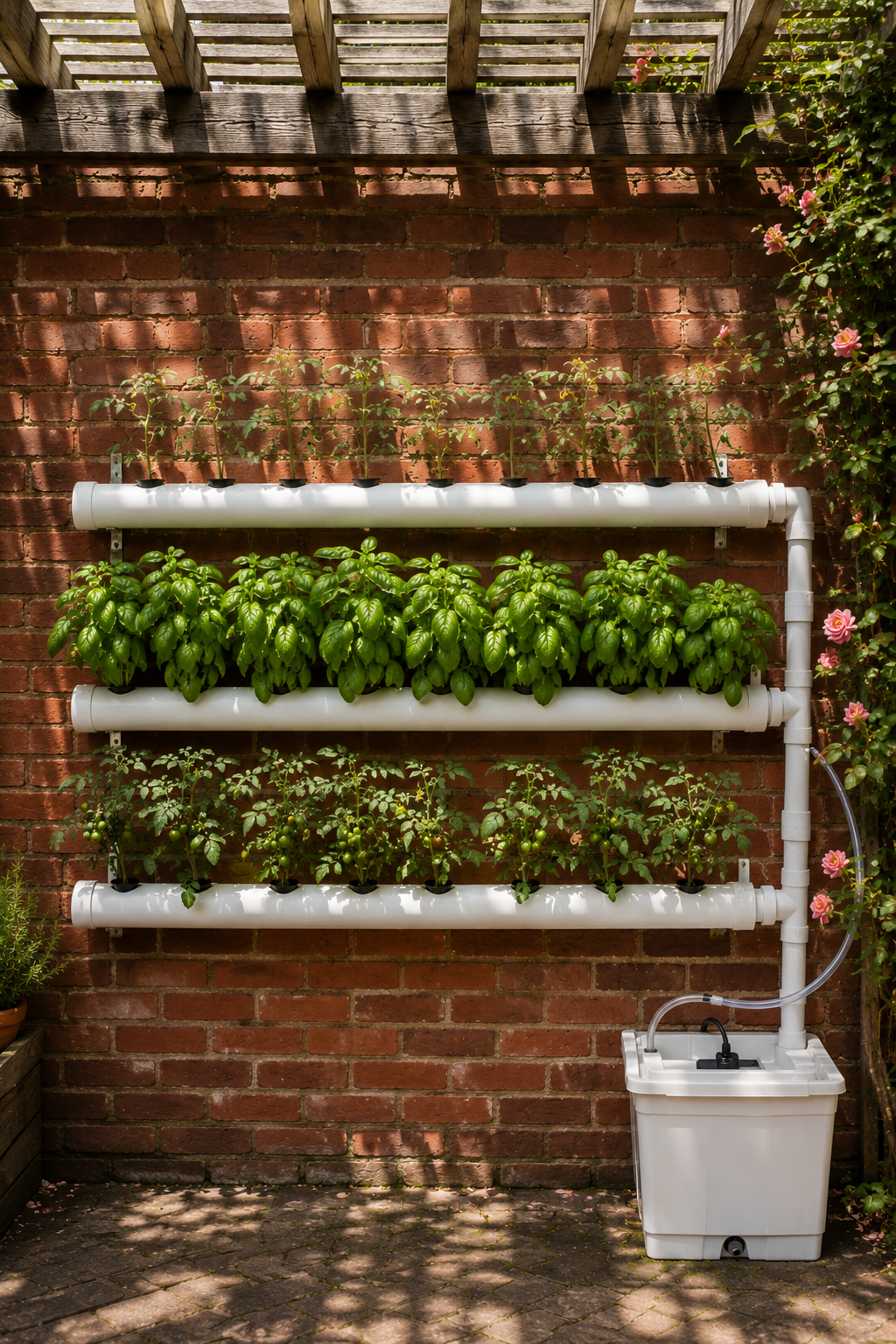 Tower garden hydroponic system on a sunny wooden deck covered in ripe strawberries cascading from every port, warm golden hour light